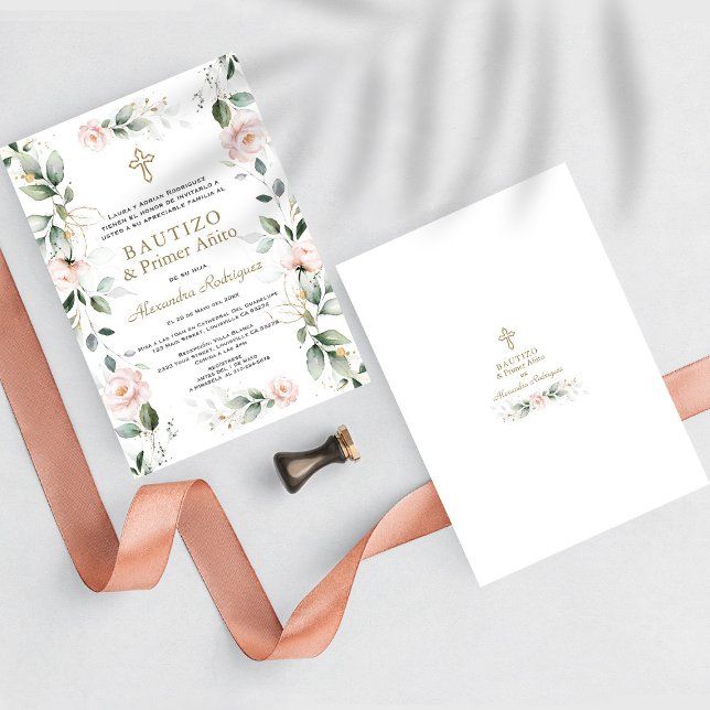 Greenery Pink Floral Spanish 1st Birthday Baptism Invitation (baptism and 1st birthday Spanish, bautizo and primer anito invitation, pink floral baptism birthday )