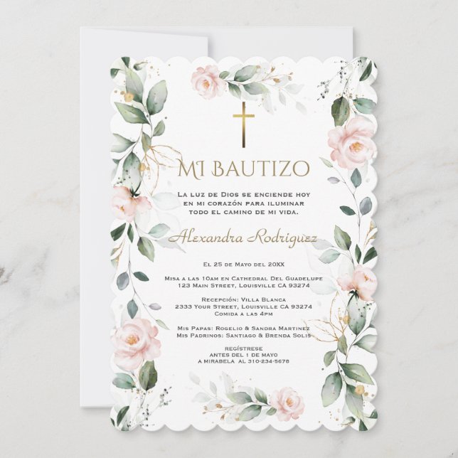 Greenery Pink Floral Spanish Mi Bautizo Baptism Invitation (Front)