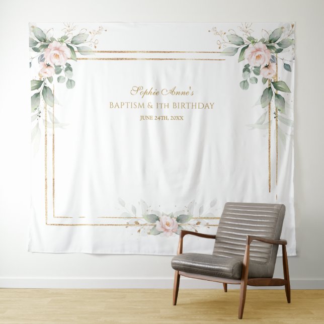 Greenery Pink FloralL Prop Baptism 1st Birthday  Tapestry (In Situ (Horizontal))