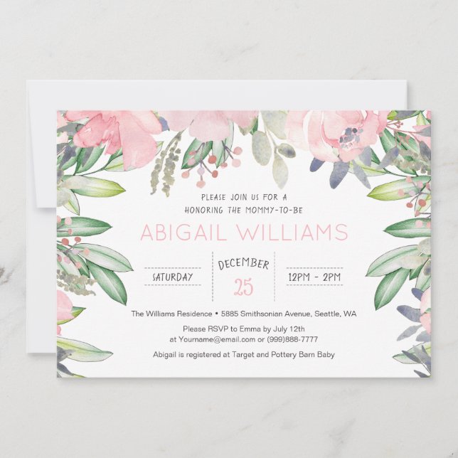 Greenery Pink Flower Baby Shower Invitation (Front)