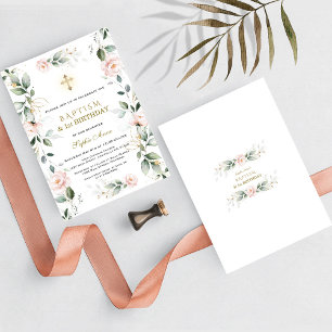 Greenery Pink Flowers Baptism 1st Birthday Party Invitation