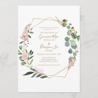 Greenery Pink Flowers Geometric Shape Invitation