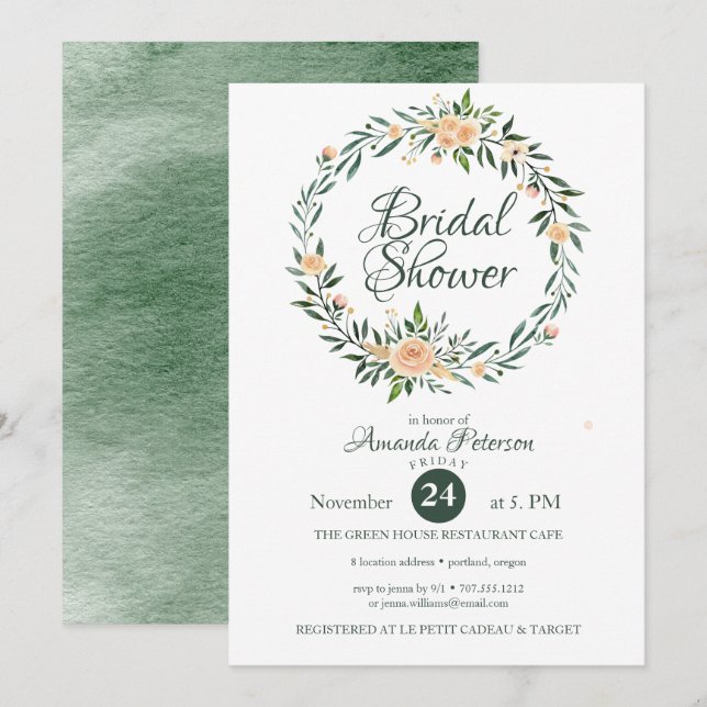 Greenery Pink Flowers Wreath Bridal Shower Invitation (Front/Back)