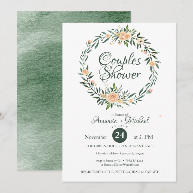 Greenery Pink Flowers Wreath Couple Shower Invitation (Front/Back)