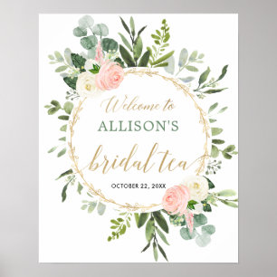 Greenery pink gold bridal tea party welcome sign