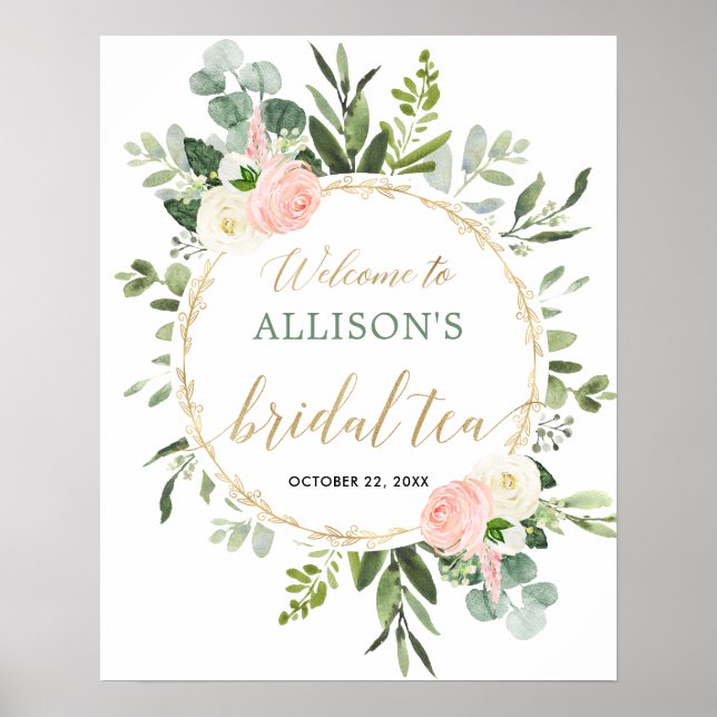 Greenery pink gold bridal tea party welcome sign (Front)