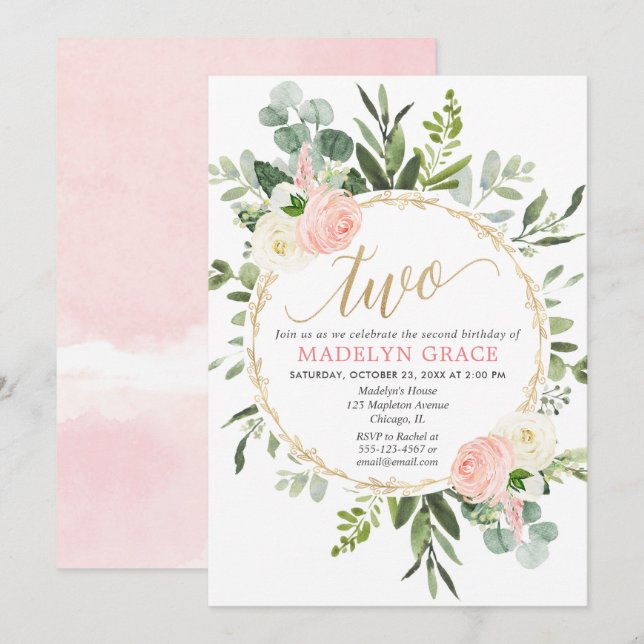 Greenery pink gold elegant girl 2nd birthday invitation (Front/Back)