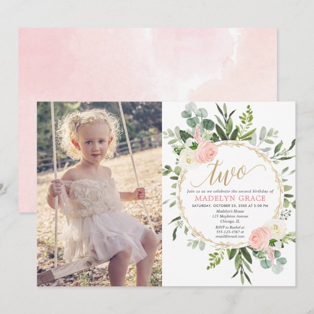 Greenery pink gold elegant girl 2nd birthday photo invitation (Front/Back)
