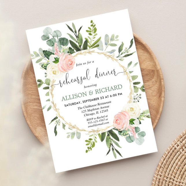 Greenery pink gold eucalyptus rehearsal dinner invitation (Creator Uploaded)