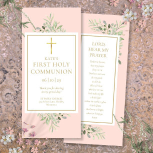 Greenery Pink Holy Communion Prayer Card Bookmark