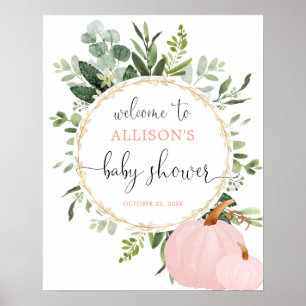 Greenery pink pumpkins baby shower welcome sign