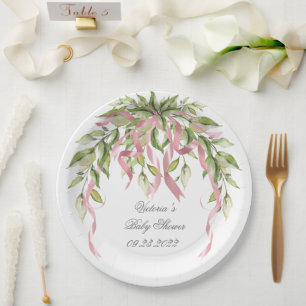 Greenery Pink Ribbons Elegant Baby Shower Paper Plate