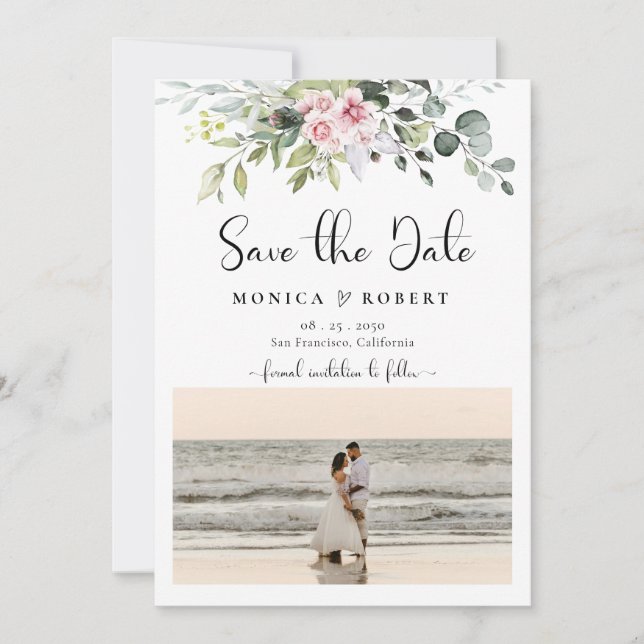 Greenery Pink Rose Save The Date Cards (Front)