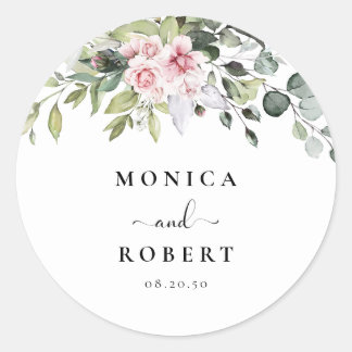Greenery Pink Rose Wedding Classic Round Sticker