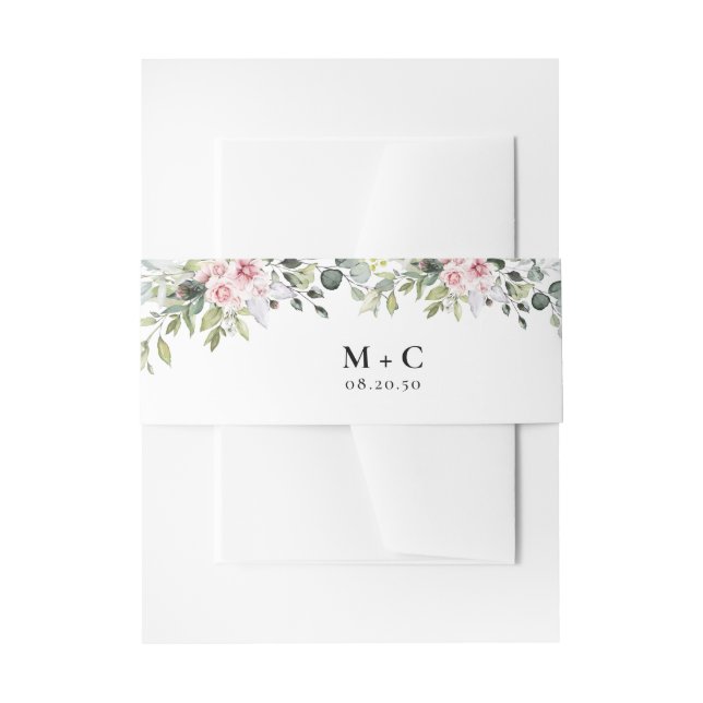 Greenery Pink Rose Wedding Invitation Belly Band (Front Example)