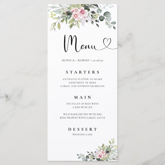Greenery Pink Rose Wedding Menu (Front)