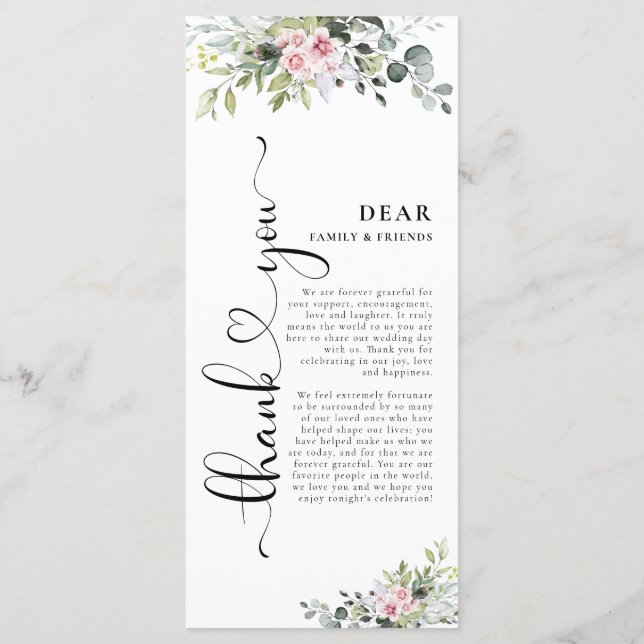 Greenery Pink Rose Wedding Menu (Back)