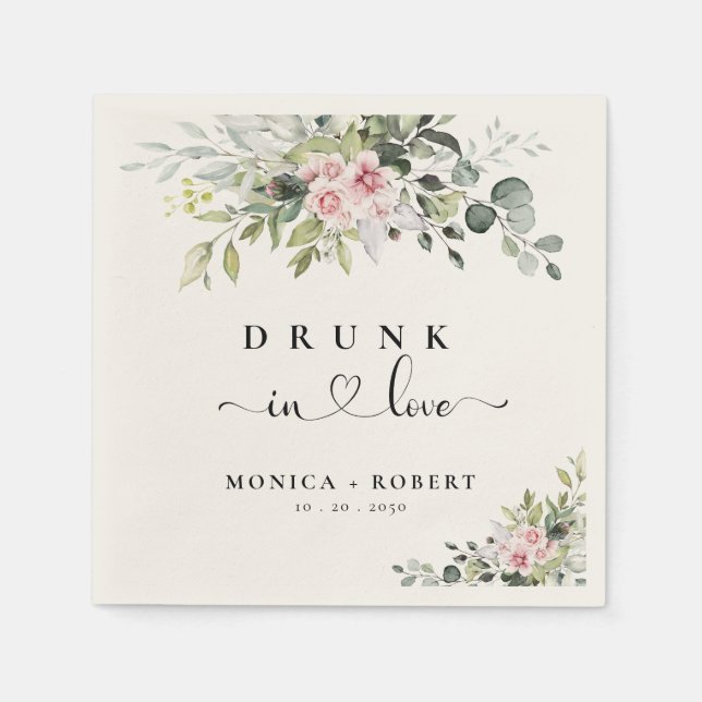 Greenery Pink Rose Wedding Napkins (Front)