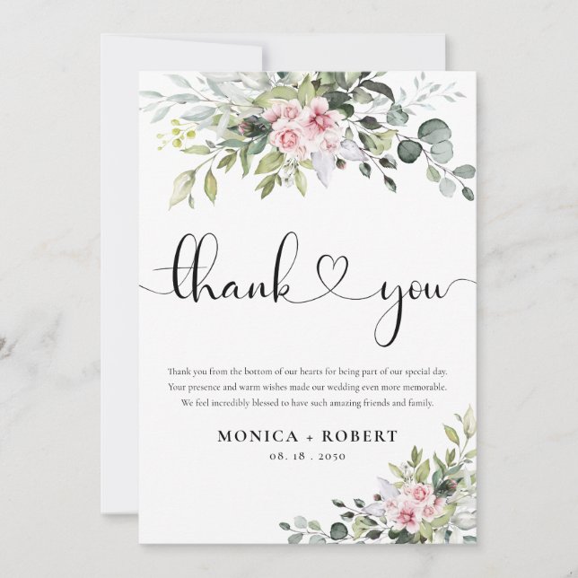 Greenery Pink Rose Wedding Thank You Cards (Front)