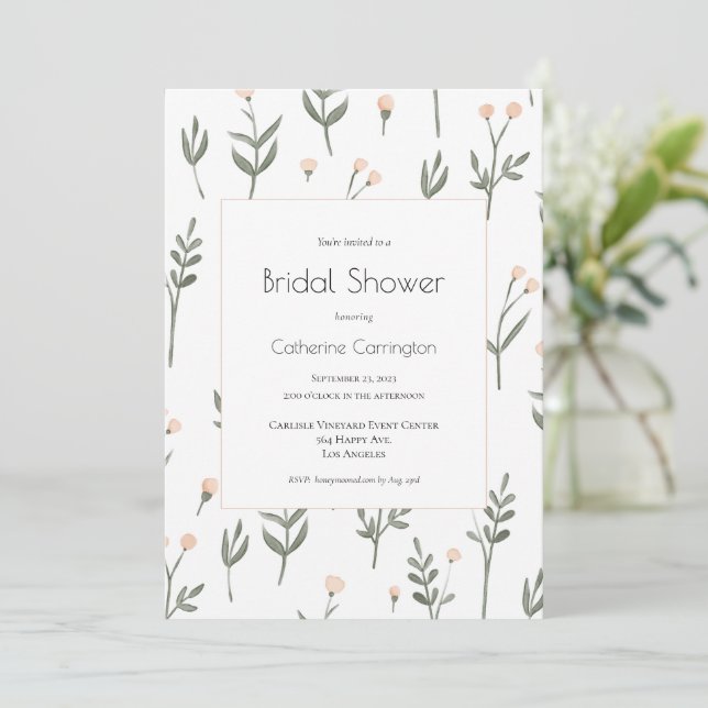 Greenery Pink Watercolor Floral Bridal Shower Invitation (Standing Front)