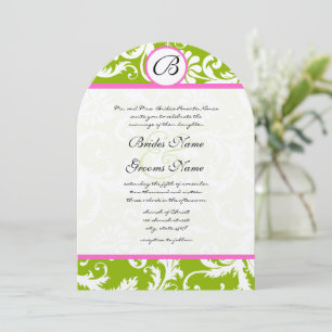 Greenery & Pink Yarrow Damask Wedding Invitation