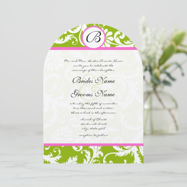 Greenery & Pink Yarrow Damask Wedding Invitation (Standing Front)