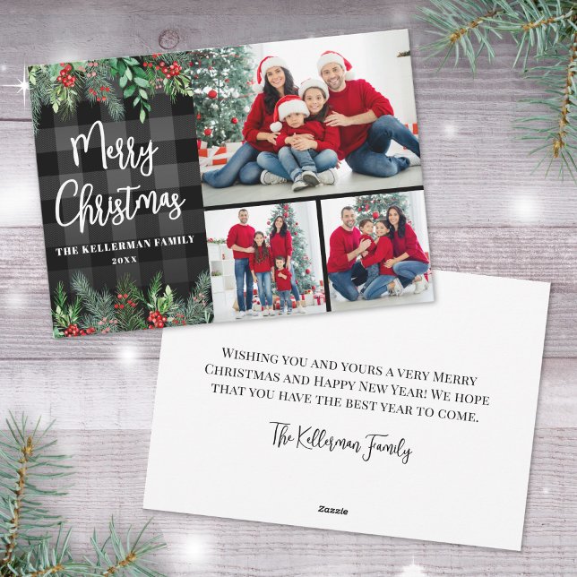 Greenery Plaid Photo Christmas Holiday Card (Greenery Plaid Photo Collage Merry Christmas Holiday Card)