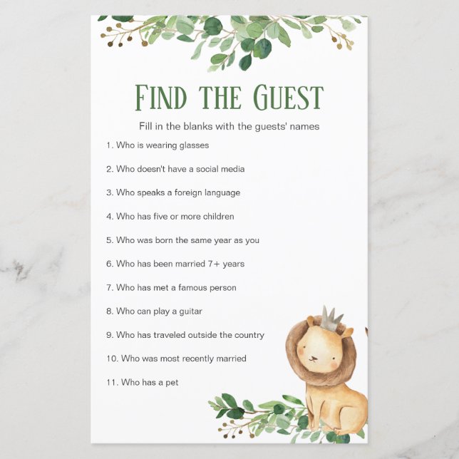 Greenery Prince Lion Baby Shower Find the Guest (Front)