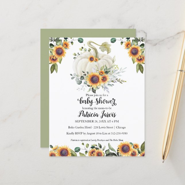 Greenery Pumpkin Budget Baby Shower Invitation (Front/Back In Situ)