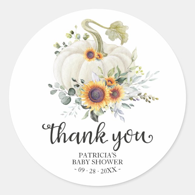 Greenery Pumpkin Fall Baby Shower Thank You Favour Classic Round Sticker (Front)
