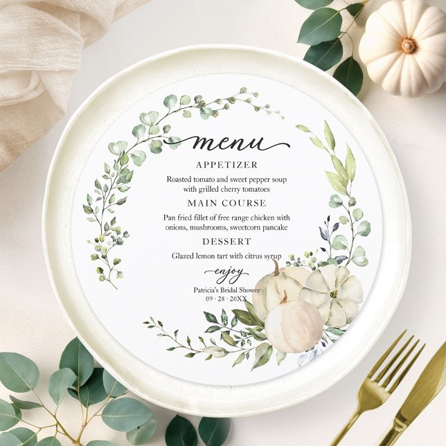 Greenery Pumpkin Fall Bridal Shower Round Menu  Invitation (Creator Uploaded)