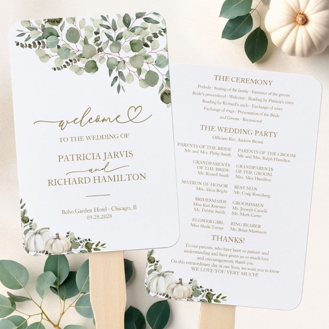 Greenery Pumpkin Fall Wedding Ceremony Program Hand Fan (Creator Uploaded)