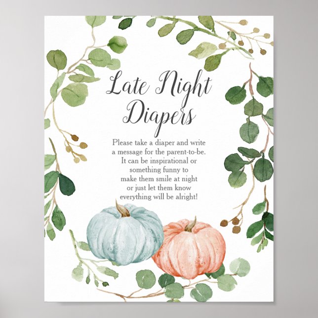 Greenery Pumpkin Gender Reveal Night Diapers Sign (Front)