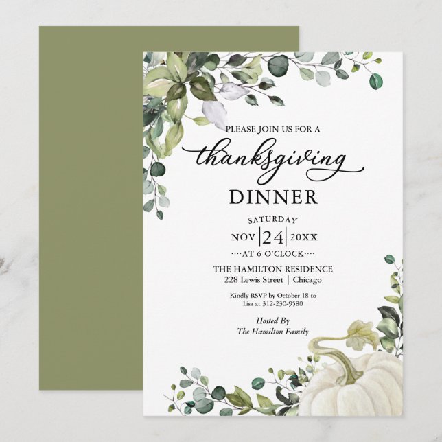 Greenery Pumpkin Thanksgiving Dinner Invitation (Front/Back)