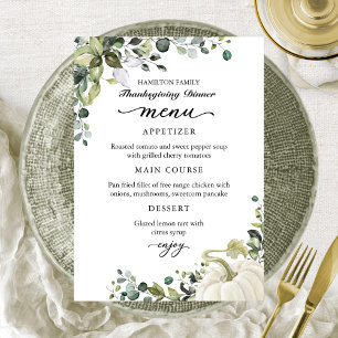 Greenery Pumpkin Thanksgiving Dinner Menu Card