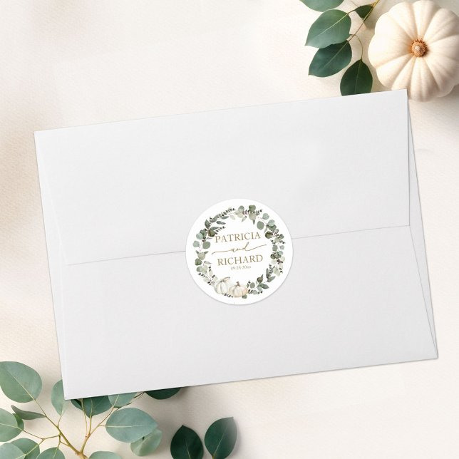 Greenery Pumpkin Wreath Fall Wedding  Classic Round Sticker (Creator Uploaded)