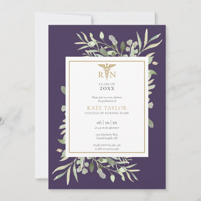 Greenery Purple RN Nursing Graduation Photo Invitation (Front)