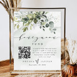 Greenery QR Code Honeymoon Wedding Cash Fund Sign<br><div class="desc">Have your guests scan the QR code with their phones and send them to the payment URL of your choice for a cash gift or honeymoon fund. The graphic design features a greenery bouquet at the top with a dusty blue/grey splash. You can also remove the splash and rearrange the...</div>