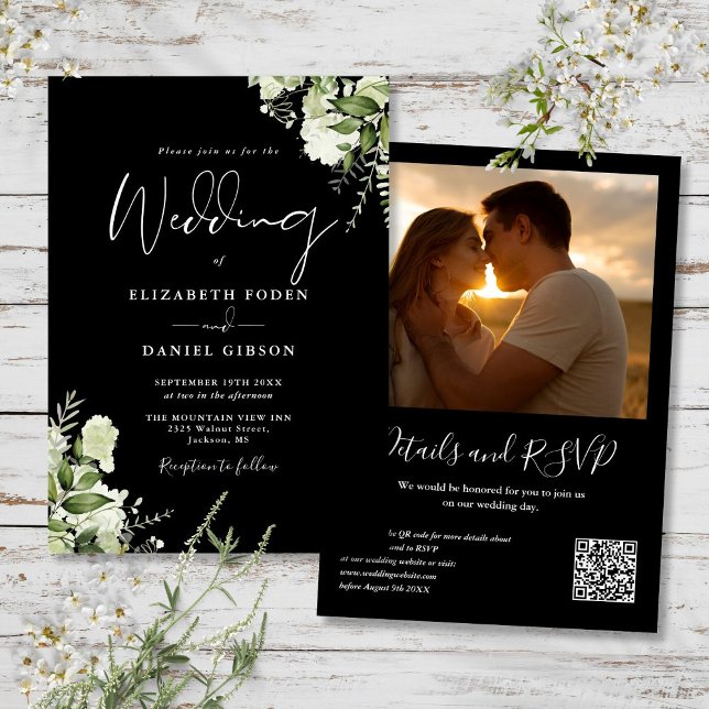 Greenery QR Code Photo Black And White Wedding Invitation (Greenery QR Code Photo Black And White Wedding Invitation)