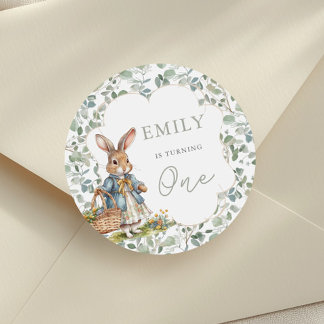 Greenery Rabbit Girl Baby's First Birthday Classic Round Sticker