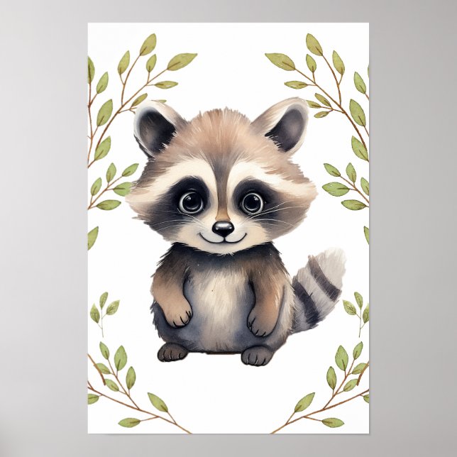 Greenery Racoon Woodland Animals Nursery Poster (Front)