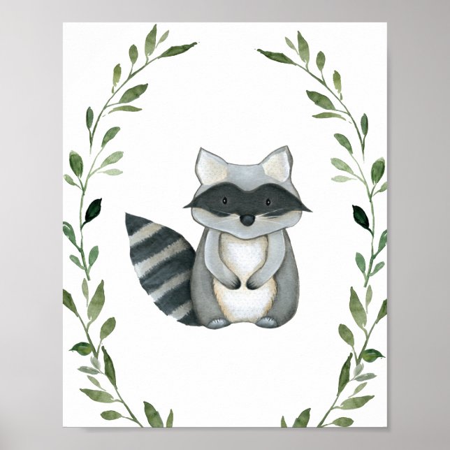 Greenery Racoon Woodland Animals Nursery Wall Art (Front)