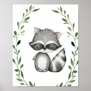 Greenery Racoon Woodland Animals Nursery Wall Art