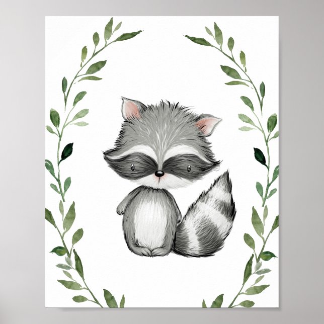 Greenery Racoon Woodland Animals Nursery Wall Art (Front)