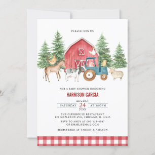 Greenery Red Barnyard Farm Animals Baby Shower Invitation