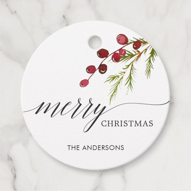 Greenery Red Berries Holiday Favour Tags (Front)