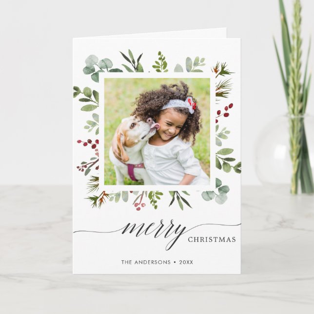 Greenery Red Berries Holiday Photo Folded Card (Front)