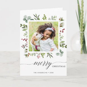 Greenery Red Berries Holiday Photo Folded Card