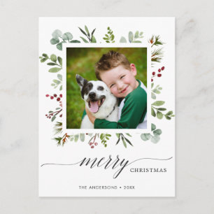 Greenery Red Berries Holiday Photo Postcard