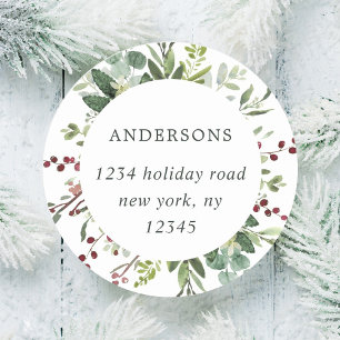 Greenery Red Berries Holiday Return Address Classic Round Sticker